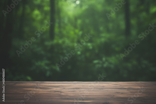 a wooden table top with a blurred green rain forest background