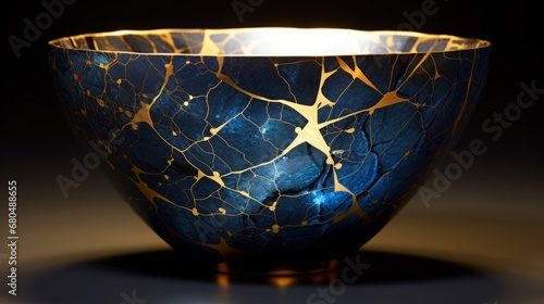 kintsugi bowl made of nebula and stars, copy space, 16:9 photo