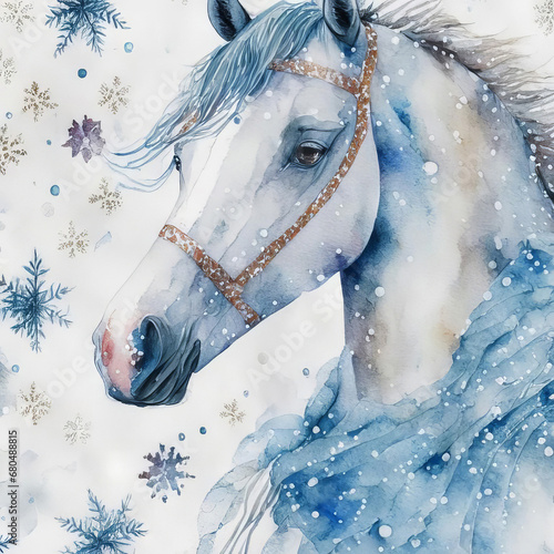 Christmas winter horse with snowfalke watercolor style photo