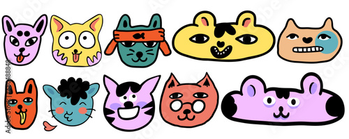 Wallpaper Mural set of cats in vector.colored animal heads in doodle style.Template for sticker avatar poster flyer logo. Series of cats in flat style Torontodigital.ca