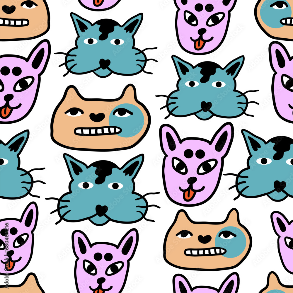 Obraz premium seamless pattern with cats in vector.colored wallpaper in doodle style.Template for background, printing on fabric and merch. A series of patterns with cat faces in flat style