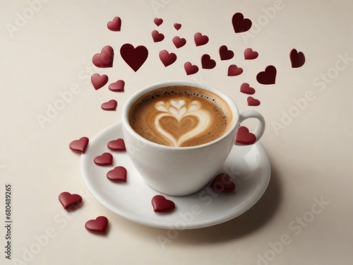 A cup of coffee with heart-shaped foam on a beige background