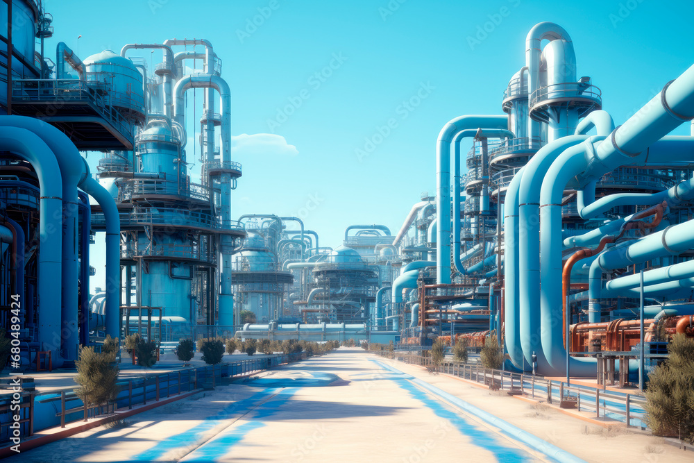 Naklejka premium Industrial zone. The equipment of oil refining. Concept supplying propane to factory. Supply of production with energy resources.