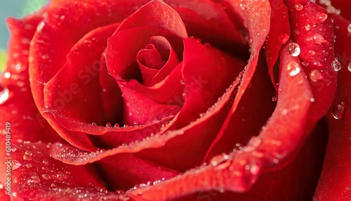 Macro view of water droplets on the petals of a red rose.