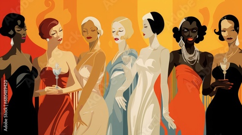 pop art deco, ladies of different ethnicities at a art deco ball, 16:9 photo