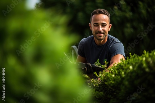 Landscaper trimming hedges. Great for stories on landscaping, gardening, self employment and more. 