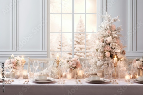 Festive christmas table setting for party. Light pastel color. christmas tree
