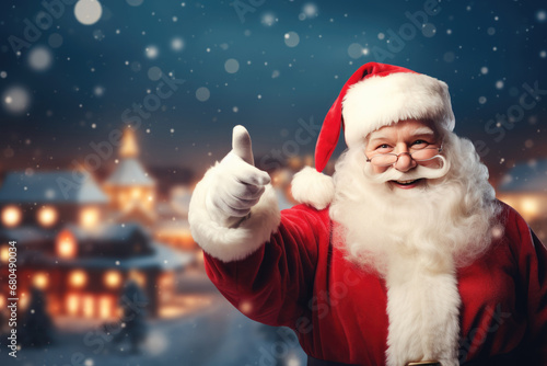 Cheerful Santa Claus in red outfit and Santa hat with thumb up and holiday lights in the background © Ekaterina Pokrovsky