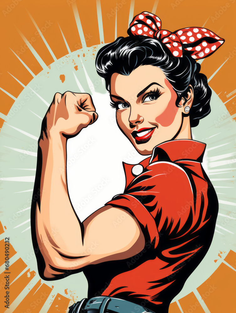 We Can Do It. Girl power advertising poster. Pop art, woman showing her