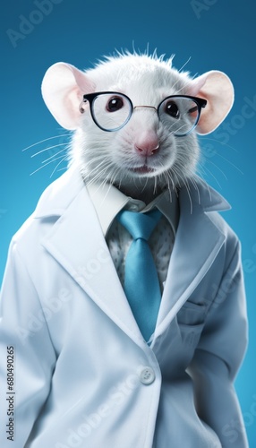 A rat full body with a lab coat and scientist's glasses, isolated on blue background, Generative AI