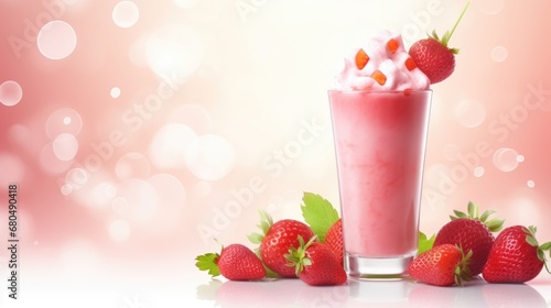 Milk strawberry cocktail with berries background and free space for text. Fresh summer food banner