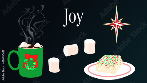 Illustration of an inviting steaming mug of hot cocoa with marshmallows and a holiday themed rice cereal treat.  Above is a star and the word "Joy" in "Instrument Serif" font.