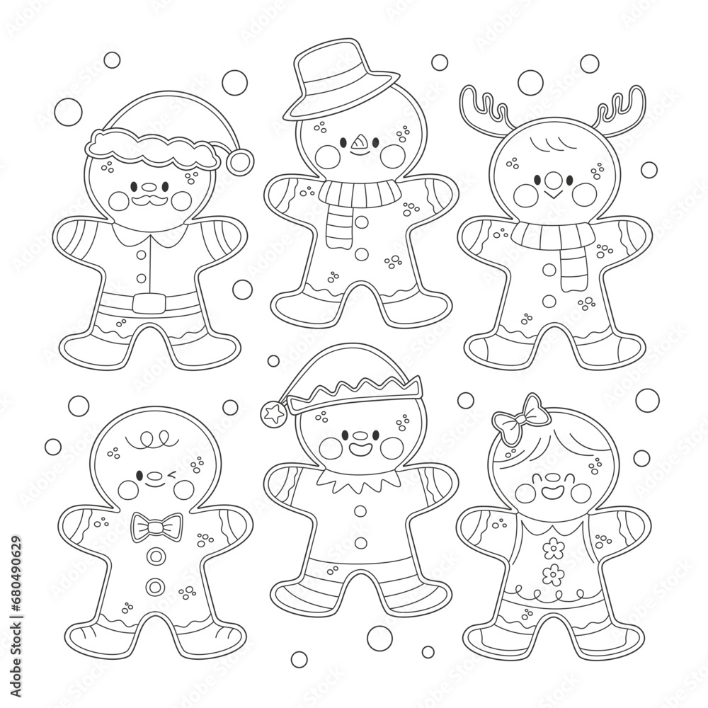 Cute gingerbread characters printable coloring page, santa claus, snowman, reindeer, elf, boy and girl. Outline flat vector graphic illustration