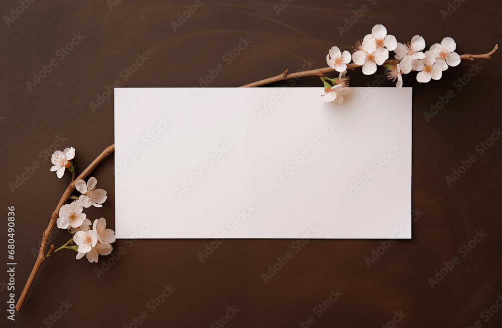Blank poster on paper with eucalyptus leaves, and flowers, logo mockup with copy space. Generative AI Blank poster on paper with eucalyptus leaves, and flowers, logo mockup with copy space. Generative AI
