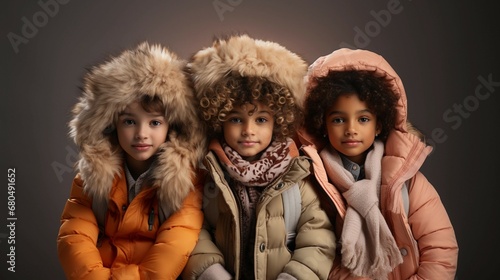  Fashionable winter clothing for children. Showcase the latest trends in cozy coats Generative AI