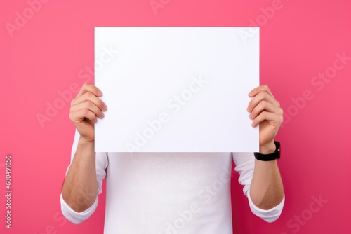 man holding a blank placard poster paper in his hands on pastel pink background