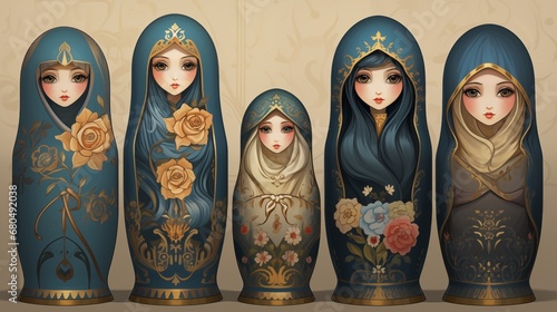 A collection of vintage, hand-painted nesting dolls. Digital concept, illustration painting.
