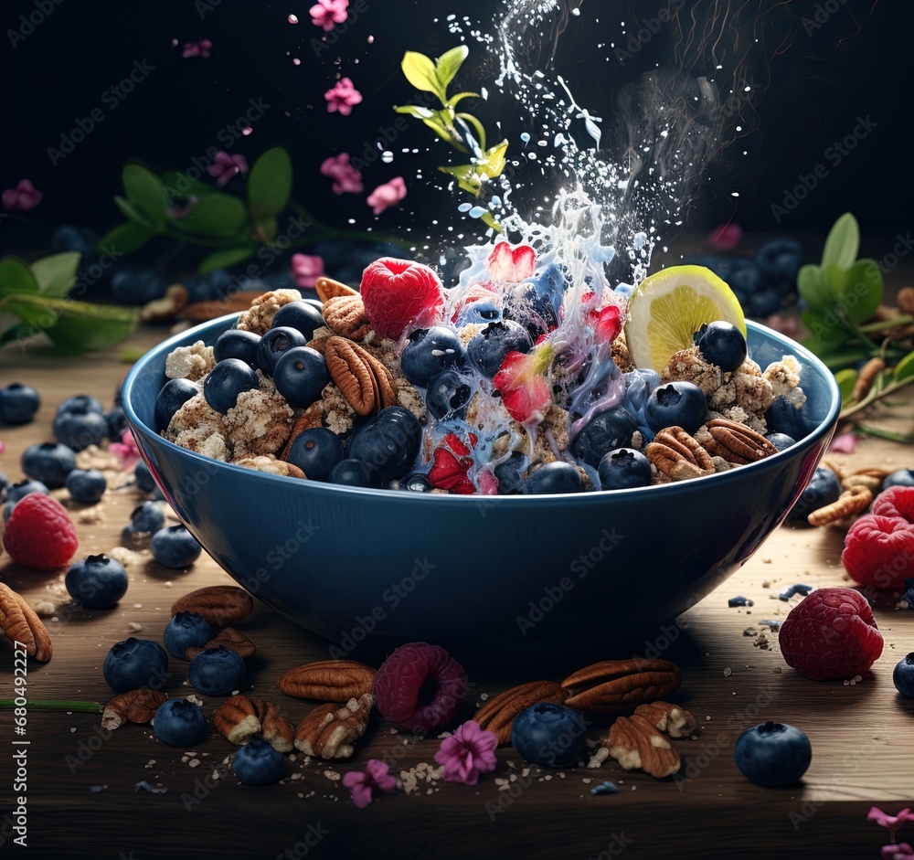 Advertising shot of delicious bowl of cereal with fruits and a splash of milk. great for stories on healthy living, breakfast, diet, fiber, packaging and more. Advertising shot of delicious bowl of cereal with fruits and a splash of milk. great for stories on healthy living, breakfast, diet, fiber, packaging and more.