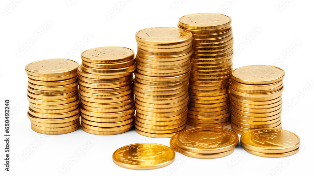 A lot of stacking gold coins, and treasure on transparent background. Generative AI A lot of stacking gold coins, and treasure on transparent background. Generative AI