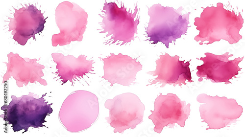 Set of pink and purple swashes, watercolor wave paint abstract border frame for design layout, isolated on a transparent background. Generative AI