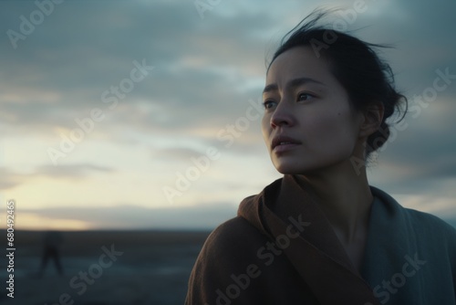 An evocative image of a lone woman traveling through a windy landscape, captured in a beautiful blue tone that highlights the vastness and tranquility of nature. 