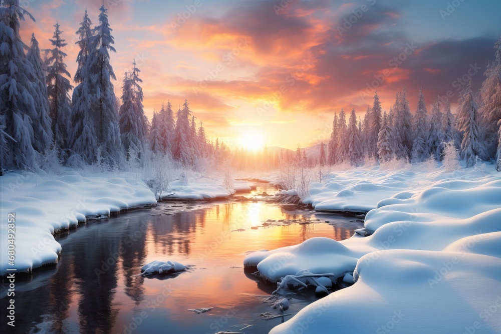 Winter Bliss. Snow-Covered Trees, Frozen Lake, and Enchanting Sunset Reflection