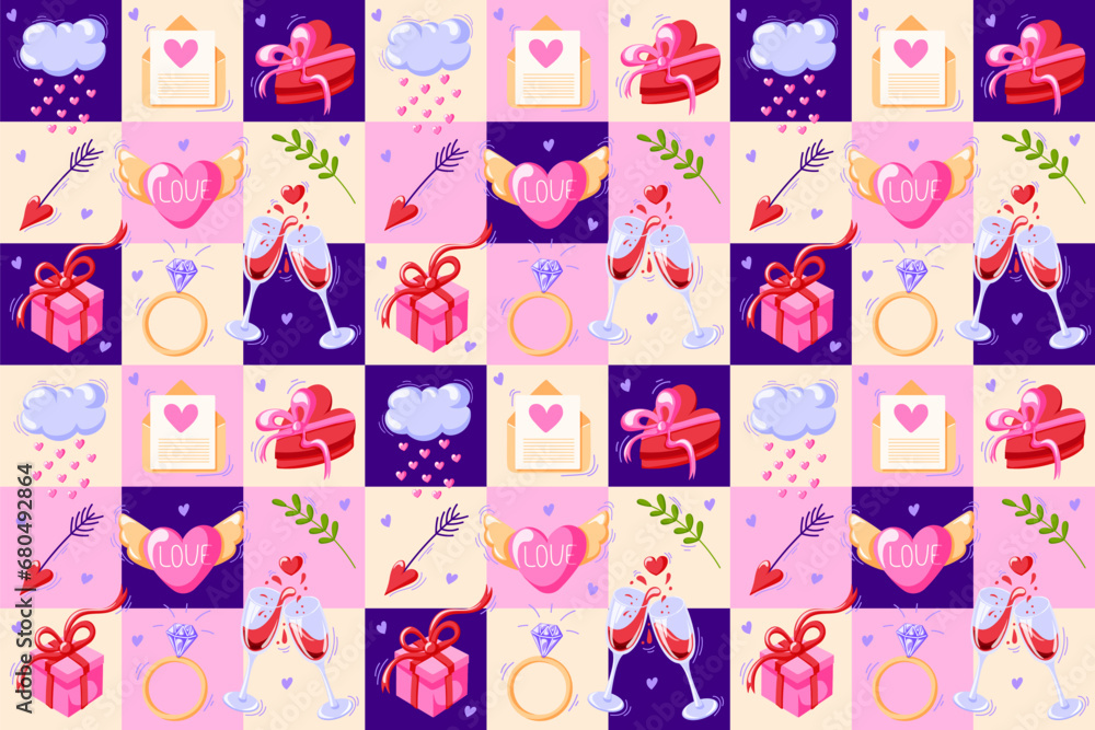 Valentines day. Romantic geometric seamless pattern with heart, wineglass, envelope, arrow, cloud, heart with wings, ring and squares in cartoon style. Vector illustration. Valentines day. Romantic geometric seamless pattern with heart, wineglass, envelope, arrow, cloud, heart with wings, ring and squares in cartoon style. Vector illustration.
