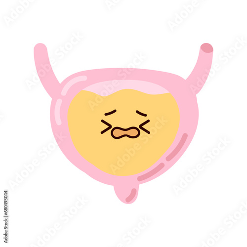 Adorable kawaii human organ. Unhappy full bladder isolated on white background, child illustration in flat style, incontinence problem.