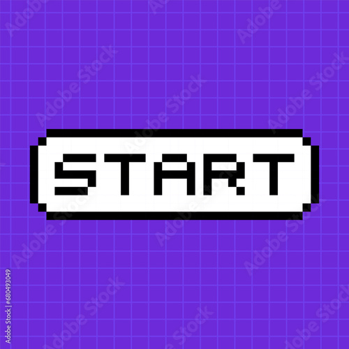 Pixel button with the inscription start in 8-bit style isolated on a bright purple background. A pop-up dialog box with a caption in an old retro game.