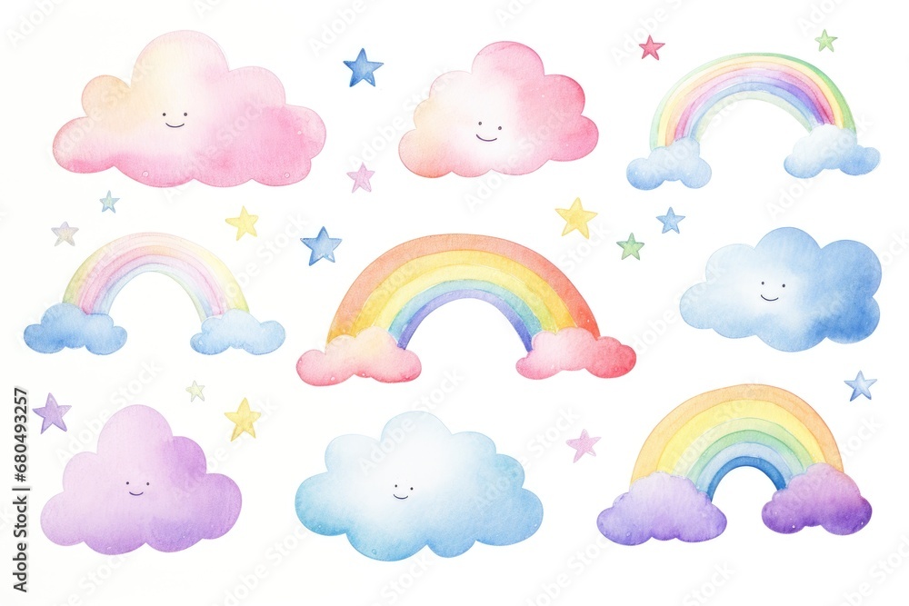 watercolor rainbow with clouds and stars on white background watercolor rainbow with clouds and stars on white background