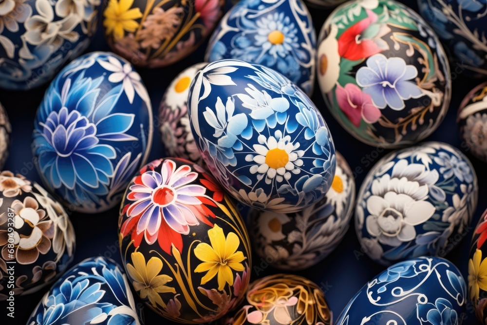 Close-up of Easter eggs with floral patterns Close-up of Easter eggs with floral patterns