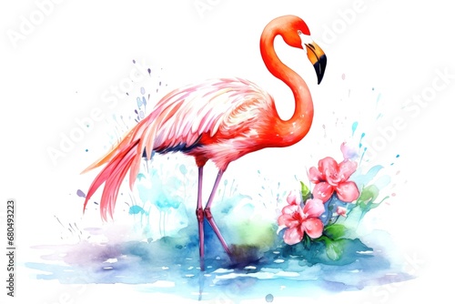 cartoon watercolor flamingo character on white background photo