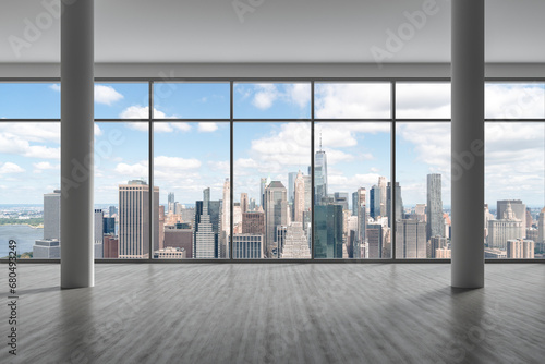 Downtown New York Lower Manhattan City Skyline Buildings from High Rise Window. Beautiful Expensive Real Estate. Empty room Interior Skyscrapers View Cityscape. Financial district. Day. 3d rendering. © VideoFlow