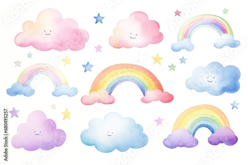 watercolor rainbow with clouds and stars on white background