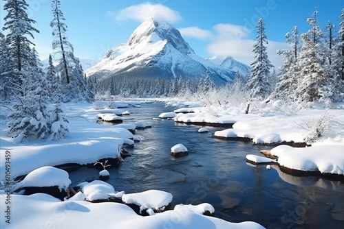 Serene Winter Wonderland. Majestic Mountains and Tranquil River Amidst Snow-Covered Landscape