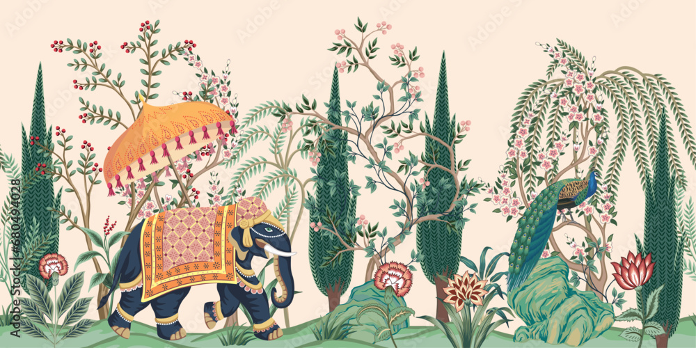 Indian elephant, peacock, tree, flower , plant floral seamless border pink background. Vintage botanical garden mural. - obrazy, fototapety, plakaty 