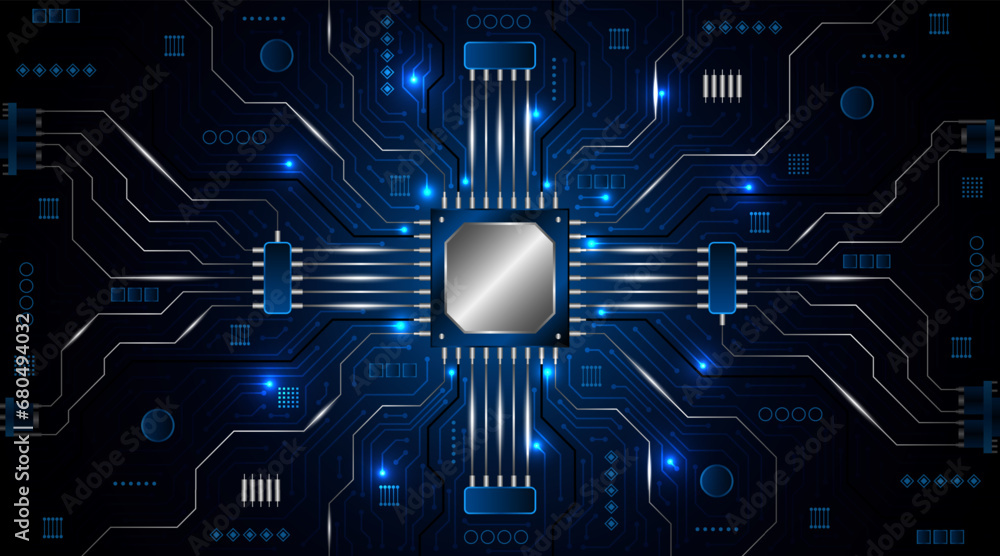Microchip processor circuit board technology on dark blue background ...