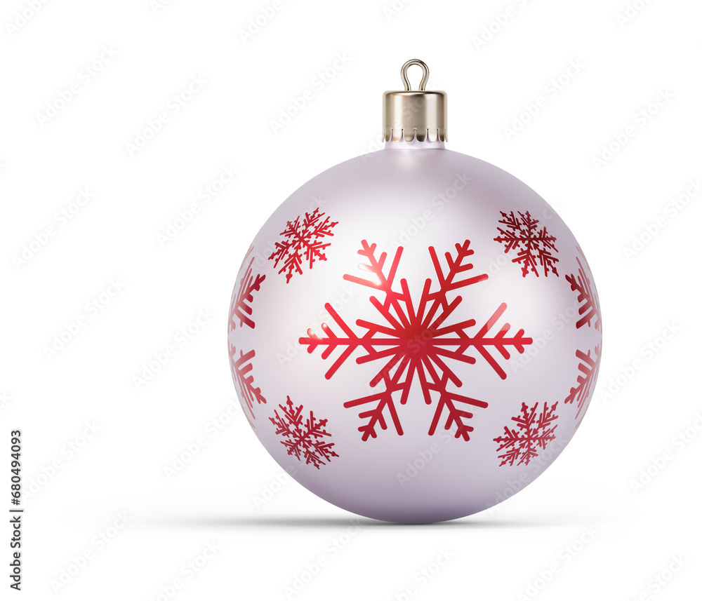Red and silver Christmas ball with snowflake ornament. New Year tree toy decoration Isolated on transparent background. 3D render Red and silver Christmas ball with snowflake ornament. New Year tree toy decoration Isolated on transparent background. 3D render