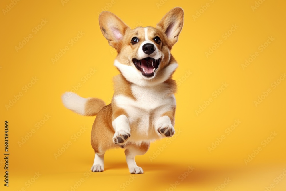 very happy dog corgi on yellow bright background very happy dog corgi on yellow bright background