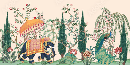 Indian elephant, peacock, tree, flower , plant floral seamless border pink background. Vintage botanical garden mural.