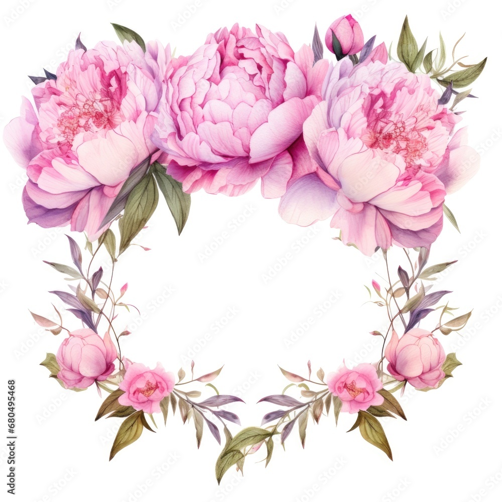 frame of watercolor peony flowers and leaves on white background.