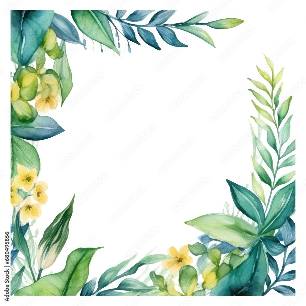 square frame of watercolor tropical green leaves on white background square frame of watercolor tropical green leaves on white background