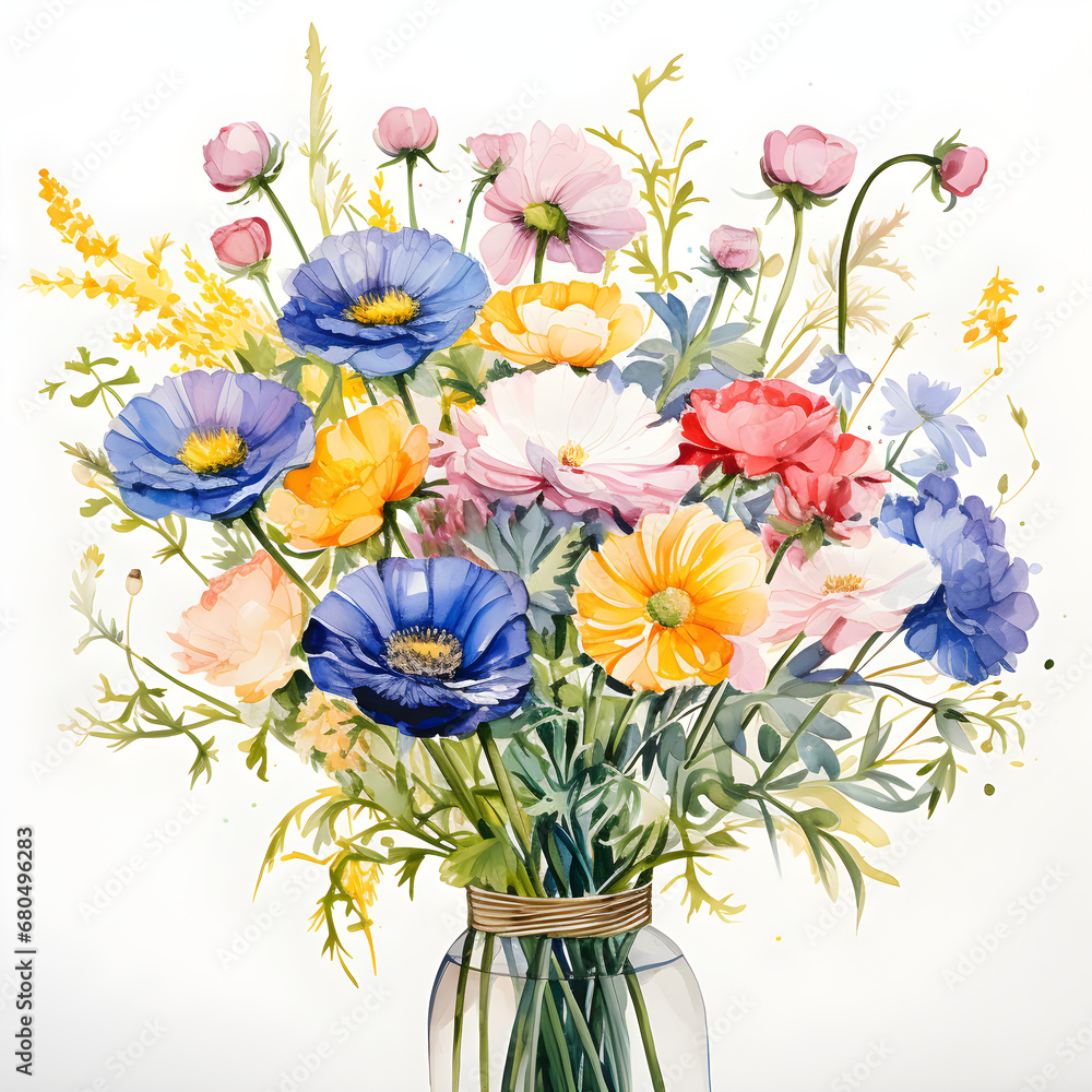 Baby's Breath, Chrysanthemums, Irises, Ranunculus, Flowers, Watercolor illustrations