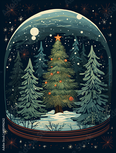 a christmas card in which a pine tree is in a small glass dome, in the style of becky cloonan, contemporary tapestries, chalk, rustic americana, large canvas sizes, captivating chiaroscuro photo