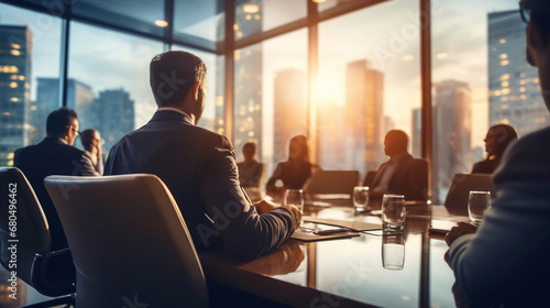 Successful Business man boss sitting in a boardroom with his team on Defocused Bokeh flare office background