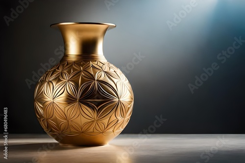 golden vase on a black background, gold decorative traditional vase, gold embossed flower vase, golden electroplated vase on grey backdrop photo