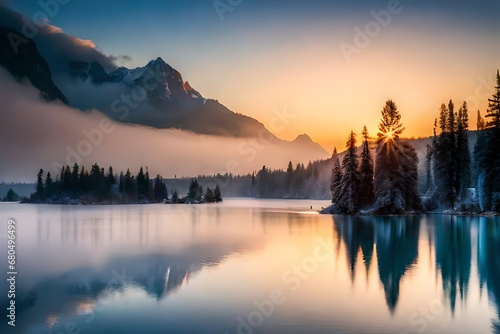 sunrise on the lake, clouds o the mountains, beautiful view of the lake, eye catching natural view 
