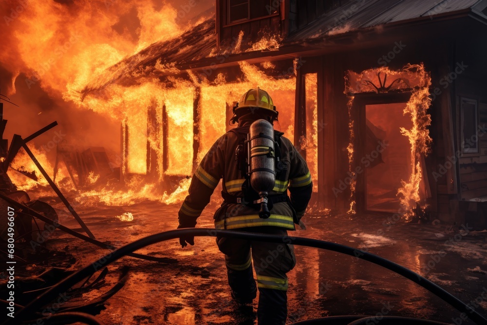 Firefighter in safety uniform extinguishes a burning house. Firefighter in safety uniform extinguishes a burning house.