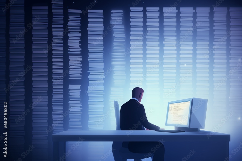 An illustrative portrayal of a lone person working on a computer, accessing and integrating data from a book. The image captures the blend of traditional and digital methods of information processing An illustrative portrayal of a lone person working on a computer, accessing and integrating data from a book. The image captures the blend of traditional and digital methods of information processing