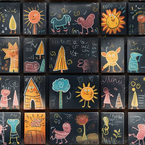 seamless pattern with colorful children drawing with chalk paints on black blackboard background